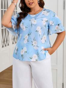 SHEIN Privé Áo sơ mi nữ cỡ lớn tay áo in hình lá sen thanh lịch - Nhiều màu - Xem 5