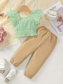 Baby Girl Puff Sleeve And Ruched Design Set - Green - View 2