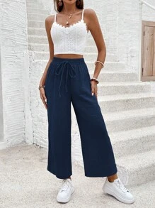 SHEIN Frenchy Conjunto de duas peças para mulheres: Top alças espaguete com padrão de xadrez de diamantes e calça longa de cor sólida - Azul marinho - Ver 5