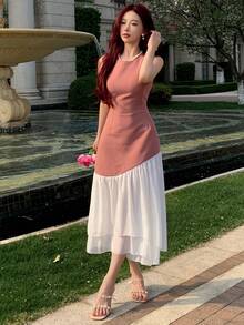 DAZY Đầm dạ hội xếp ly eo không tay màu sắc thường ngày xuân hè cho nữ - màu nâu - Xem 4