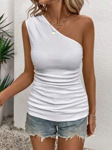 SHEIN LUNE 褶皱单肩白色淑女上衣，适合春夏日常穿着 - 白色 - 查看 5