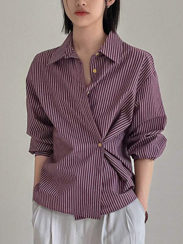 Dazy-Less Casual Business Style Striped Long Sleeve Shirt,Fall Women Clothes