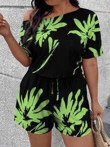 SHEIN LUNE 大碼假日休閒植物印花不對稱領口束腰連身褲 - 薄荷綠 - 查看 4