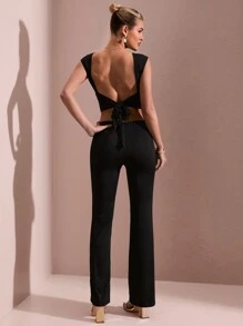SHEIN BAE Áo ren hở lưng thời trang mùa hè cho nữ kèm quần ống loe bó eo thấp - màu đen - Xem 2