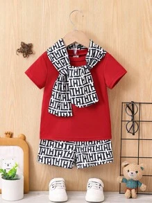 Baby Boys Solid Color Round Neck Short-Sleeved Top + All-Over Printed Scarf And Shorts Set - Burgundy - View 1