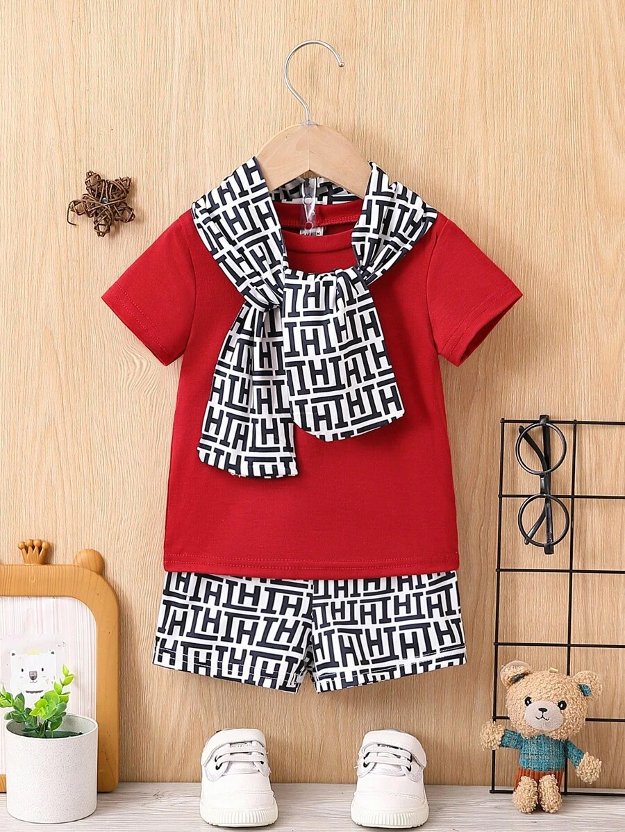 Baby Boys Solid Color Round Neck Short-Sleeved Top + All-Over Printed Scarf And Shorts Set - Burgundy - View 1