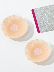 女性花邊蕾絲硅膠防凸點乳墊（1對） - 杏色 - 查看 1