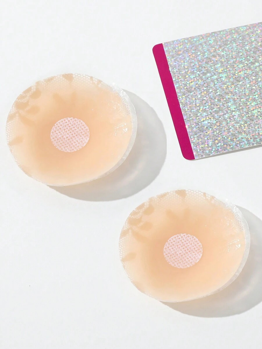 女性花邊蕾絲硅膠防凸點乳墊（1對） - 杏色 - 查看 1