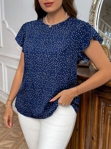 SHEIN Privé Plus Fashionable Summer Polka Dot Print Ruffle Trim Shirt - Navy Blue - View 3