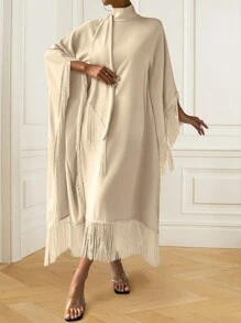 Chiquease Elegant Solid Color Stand Collar Fringed Decor Batwing Sleeve Dress For Spring And Summer - Apricot - View 6