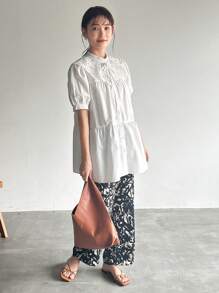 FRIFUL Women Summer Elegant Solid Color Shirt With Lace Collar, Short Puff Sleeve And Tie-Up Front,Ruffle
