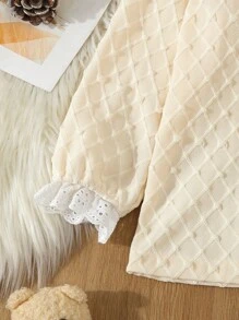 少女杏色簡約風格長袖休閒寬鬆家居服套裝，附長褲