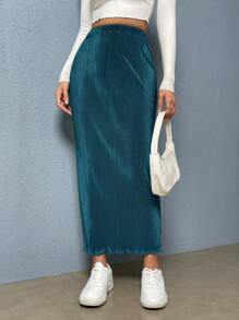 SHEIN Essnce Falda midi casual recta con cintura elástica para mujer con dobladillo plisado y borde con volantes