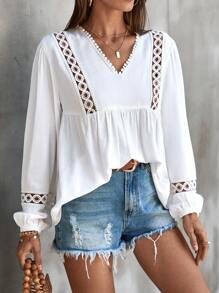 EURMUSE Lace Slice Insert, Boho Style, Crinkle Fabric Flare Blouse - White - View 1