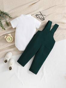 SHEIN Baby Boy Mock Neck Shirt Bodysuit & Pinafore Jumpsuit 2pcs/Set