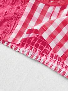 Soleia Women Vacation Style Contrast Plaid Eyelet Embroidered Texture Material Romantic Rural Tube Top - Hot Pink - View 5