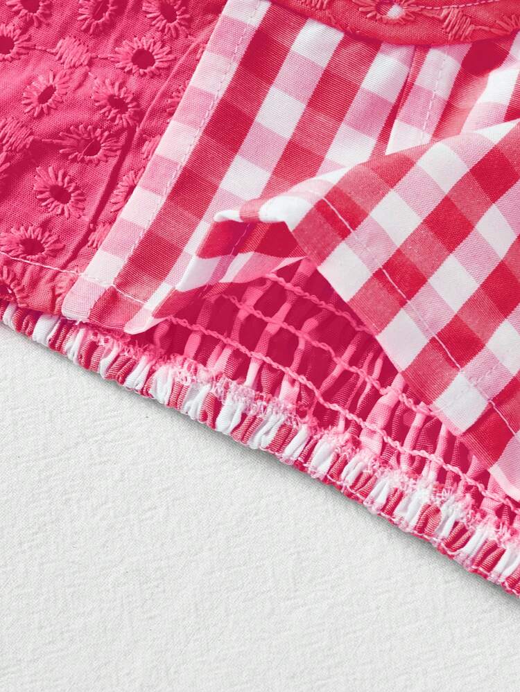 Women Vacation Style Contrast Plaid Eyelet Embroidered Texture Material Romantic Rural Tube Top