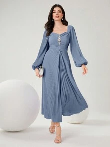 Modelyn Robe plissée de couleur unie avec encolure en cœur, robes de soirée longues pour femmes - Bleu azur - Voir 1