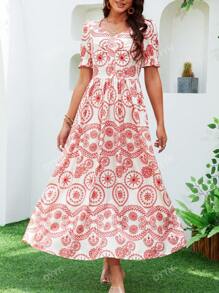 Vestido largo con cuello en V y estampado retro francés, reunido en la cintura, estilo de oscilación largo para mujeres europeas y americanas de nueva temporada primavera-verano