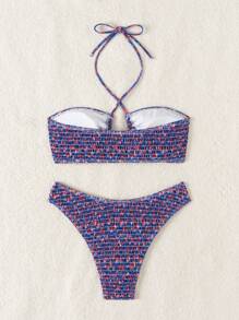 SHEIN Swim Summer Beach Women Vacation Style Print Shirred Bikini Set Two-Piece Set Random Pattern Tied At The Back - Multicolor - View 2