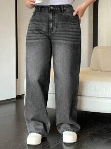 Dazy Petite Plus 大尺碼女裝時尚寬鬆牛仔寬腿褲 - 黑色 - 查看 6