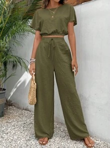 SHEIN Frenchy Women Two-piece Outfits Simpul Plain Casual - Hijau Tentara - View 5