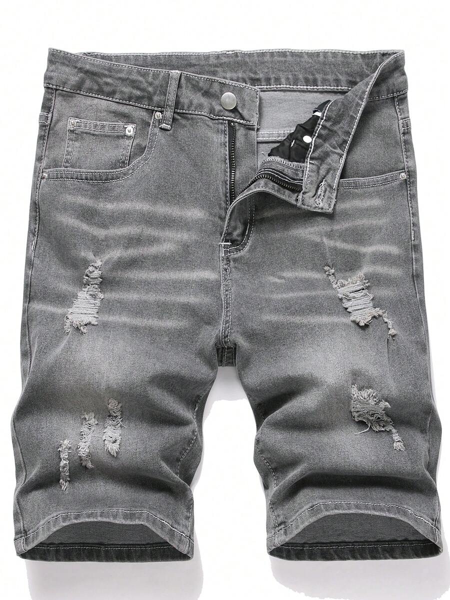 Manfinity Homme Men Fashionable Water Washed Destroyed Denim Shorts With Slanted Pockets Perfect For Street Style Outfits Jorts Plain Light Grey Work Basic Friends - Light Grey - View 1