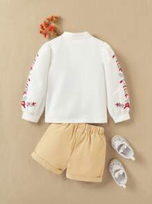 SHEIN Young Girl Floral Embroidered Long Sleeve Top And Solid Color Shorts 2-Piece Set