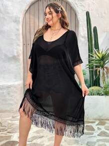 Dreamara Plus Casual Holiday Music Festival Black Fringe Trim Loose And Comfortable Dress - Black - View 7