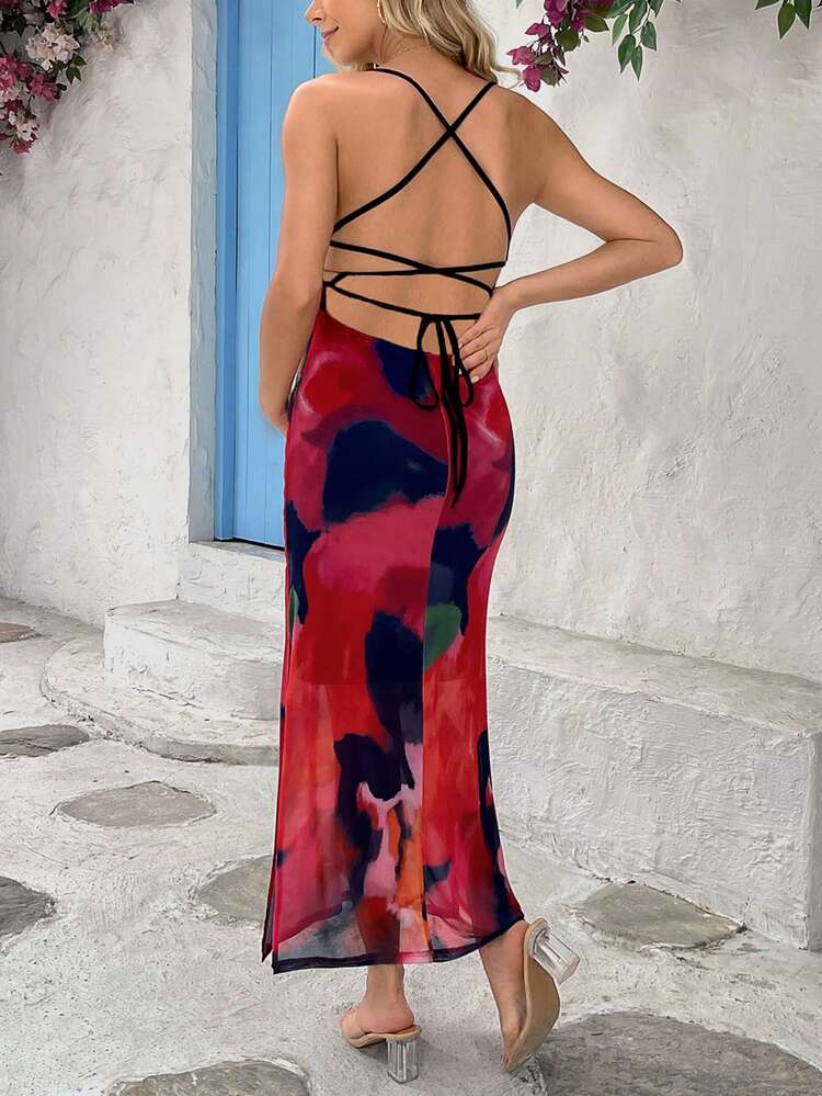 Maternity Deep V-Neck All-Over Printed Thigh-High Slit Backless Dress