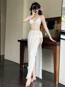 Women Summer Beach Vacation Simple Side Tie Solid Color Swimsuit
