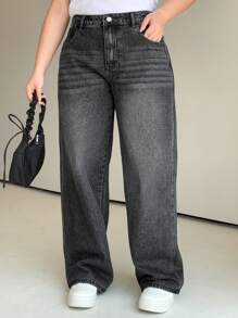 Dazy Petite Plus 大尺碼女裝時尚寬鬆牛仔寬腿褲 - 黑色 - 查看 1