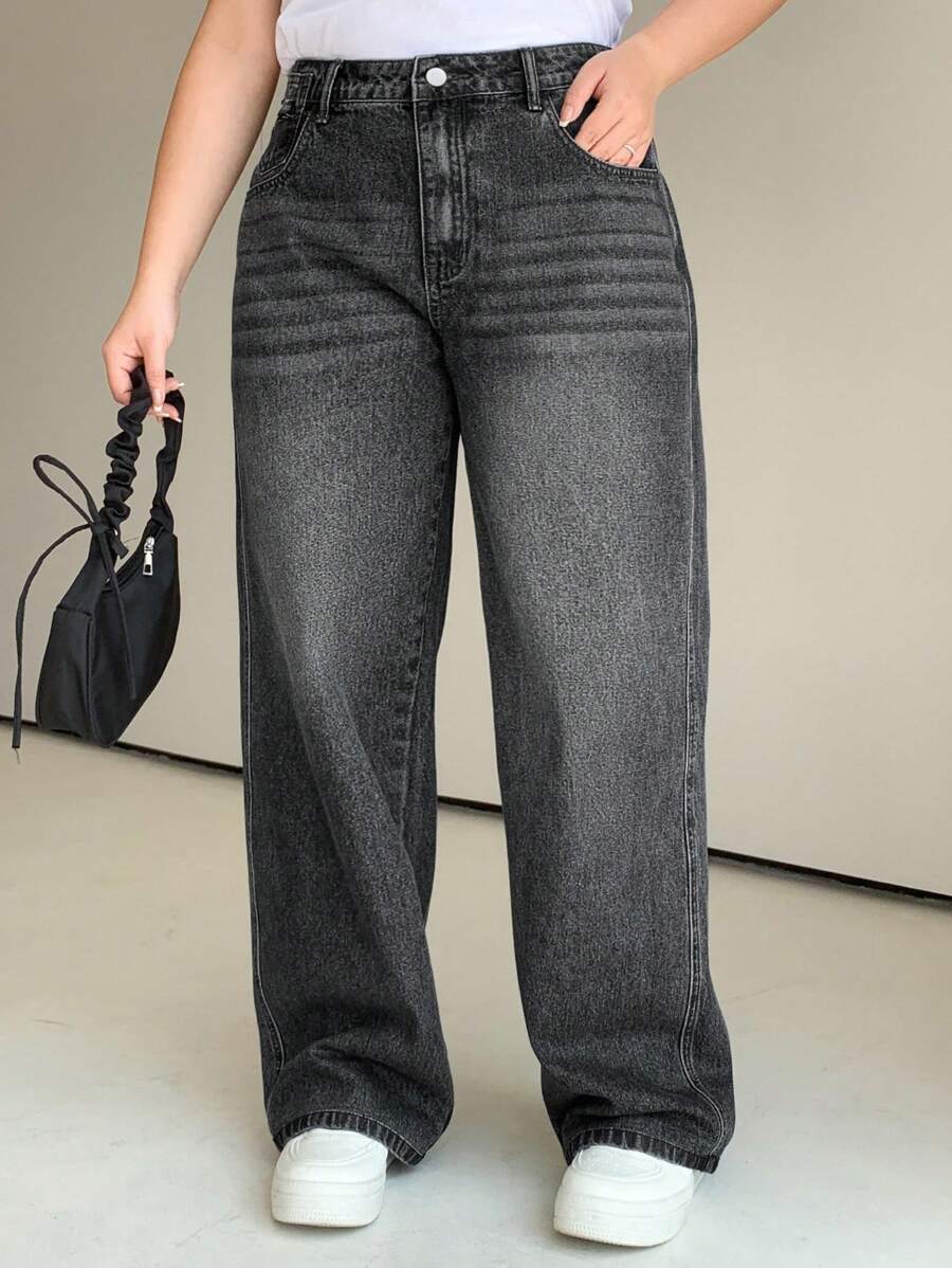 Dazy Petite Plus 大尺碼女裝時尚寬鬆牛仔寬腿褲 - 黑色 - 查看 1