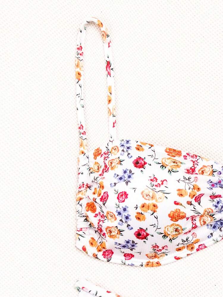 Summer Women Beach Vacation Ditsy Floral Ring Link Simple Fashion Bikini Set (Random Print) Non-PUSH UP