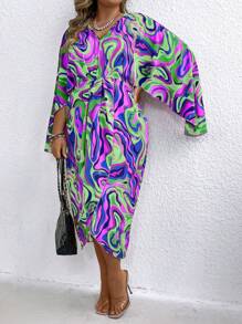 SHEIN Clasi Plus Size Casual Cà Vạt In Áo Cape Tay Tập Hợp Đầm Quấn Eo Cho Mùa Xuân/Hè - Màu tím - Xem 6