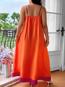 SHEIN LUNE Plus Size Holiday Casual Color Block Patchwork Long Tank Dress Maxi Women Outfit - Multicolor - View 2