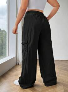 Flirla 大尺碼女性純色簡約降落傘褲 - 黑色 - 查看 2