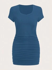 SHEIN EZwear Đầm thời trang nữ mùa hè màu trơn cổ tròn tay ngắn xếp nếp Bodycon - Màu xanh lam - Xem 4