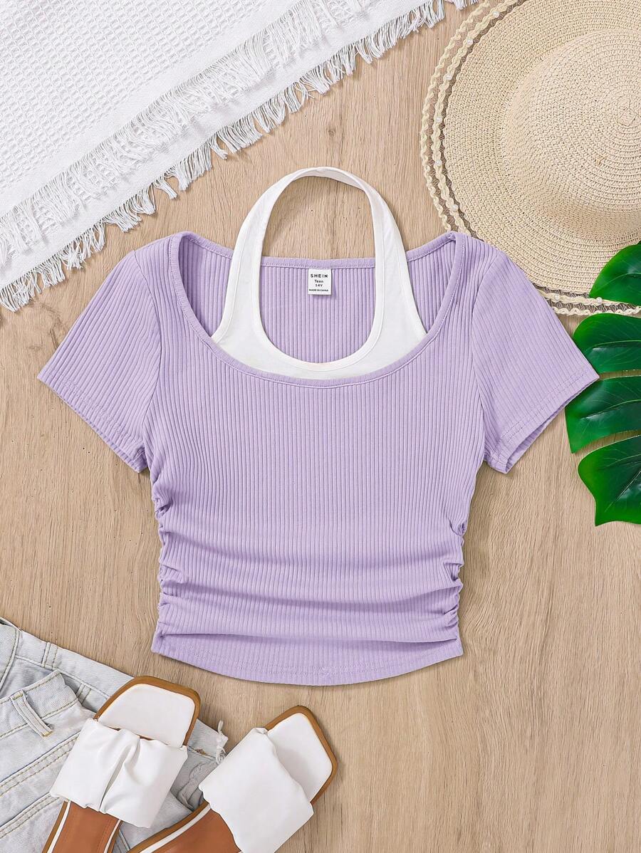 SHEIN Teen Girl Knit Patchwork Halter Neck Short Sleeve T-Shirt With Ruched Hemline And 2 In 1 - Mauve Purple - View 1