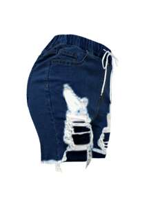 Women's Distressed Denim Shorts - Elastic Waist Ripped Shorts With Drawstring & Raw Hem, Sexy Stretch Mid Thigh Shorts For Women, Mature Chic Destroyed Jean Shorts - Rửa tối - Xem 3