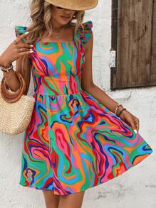 Breezaya Women Fashionable Printed A-Line Dress With Short Flutter Sleeves Vacation Beach Outfit