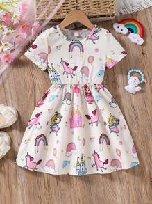 SHEIN Vestito a maniche corte con stampa ad arcobaleno e unicorno per ragazze giovani, ideale per le vacanze estive in spiaggia per il Giorno dei Bambini - Beige - Visualizzare 1
