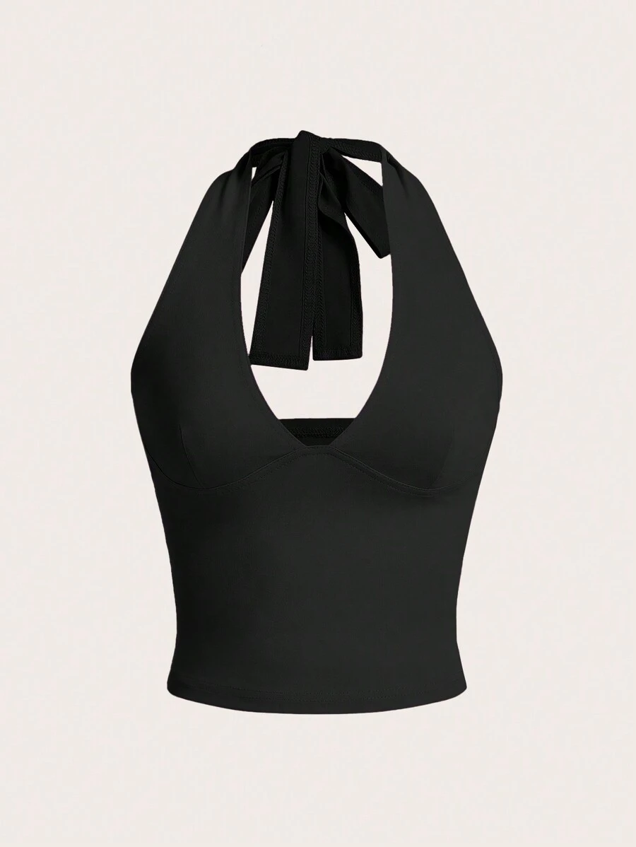 SHEIN EZwear 女士時尚純色露背V領背心，帶有空心設計