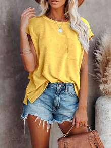 Damska koszulka w jednolitym kolorze z rękawami typu nietoperz, letnia, luźna, swobodna, z kieszeniami i łatkami