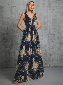 花卉印花撞色亮片雪纺伴娘礼服优雅连衣裙