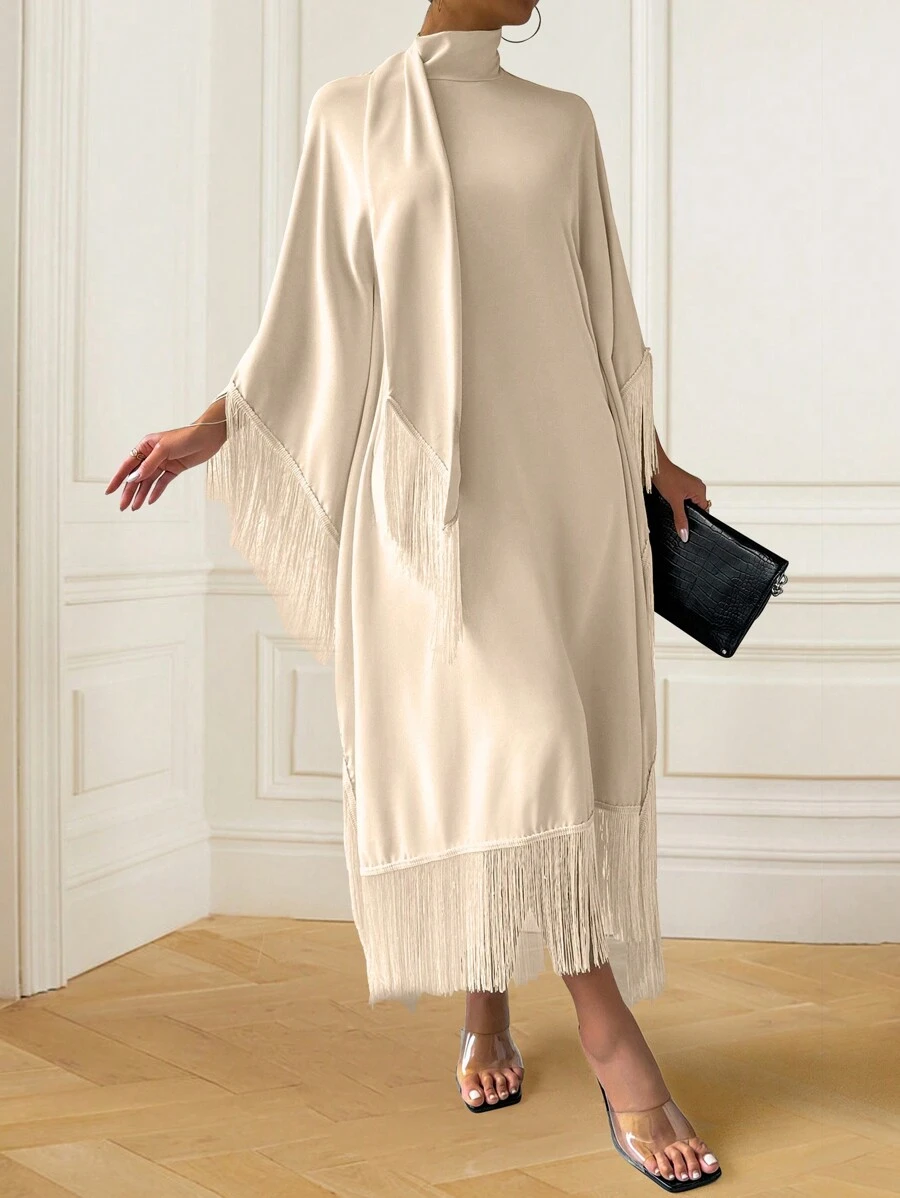 Chiquease Elegant Solid Color Stand Collar Fringed Decor Batwing Sleeve Dress For Spring And Summer - Apricot - View 1