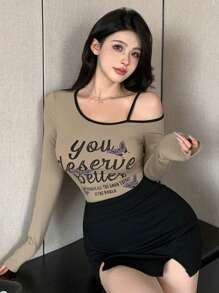 DAZY Women Spring Casual Butterfly Slogan Print Slim Fit Long Sleeve T-Shirt IN THE WORLD YOU DESERVE ALL THE GOOD THINGS  YOU DESERVE BETTER