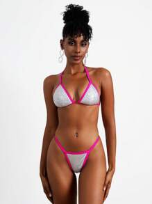 SHEIN Swim Women Color-Block Glitter Decoration Halter Neck Bikini Set Summer - Silver - View 4