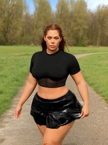SHEIN SXY Conjunto de 2 piezas talla grande con empalme de malla y PU, sexy para festivales de música