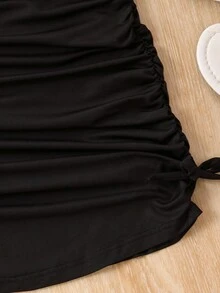 Teen Girl Round Neck Solid Color Short Front Long Back Short Sleeve Top + Letter Printed Spaghetti Strap Pleated Dress Two Pieces Set - Hot Pink - View 3